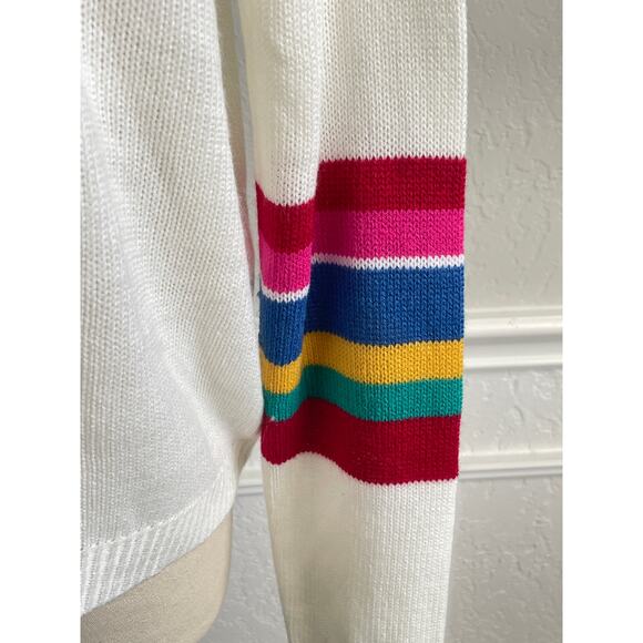 Fantastic Fawn Cream Sweater Rainbow Multi Color Striped Arms Small - Picture 2 of 5